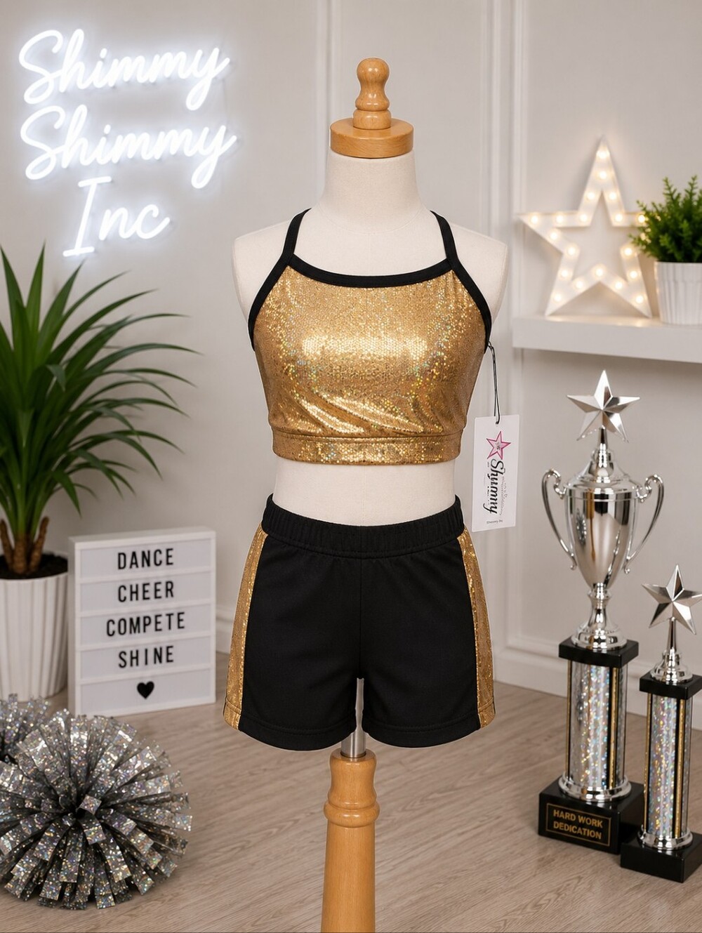 Shimmy Shimmy Inc Gold Hologram Dance crop top and short Set NWT Cheer Gym